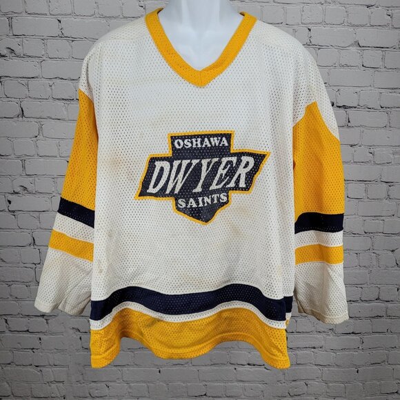 Oshawa Saints Dwyer #9 White Yellow Navy Long Sleeve Hockey Jersey XXL - Picture 1 of 13